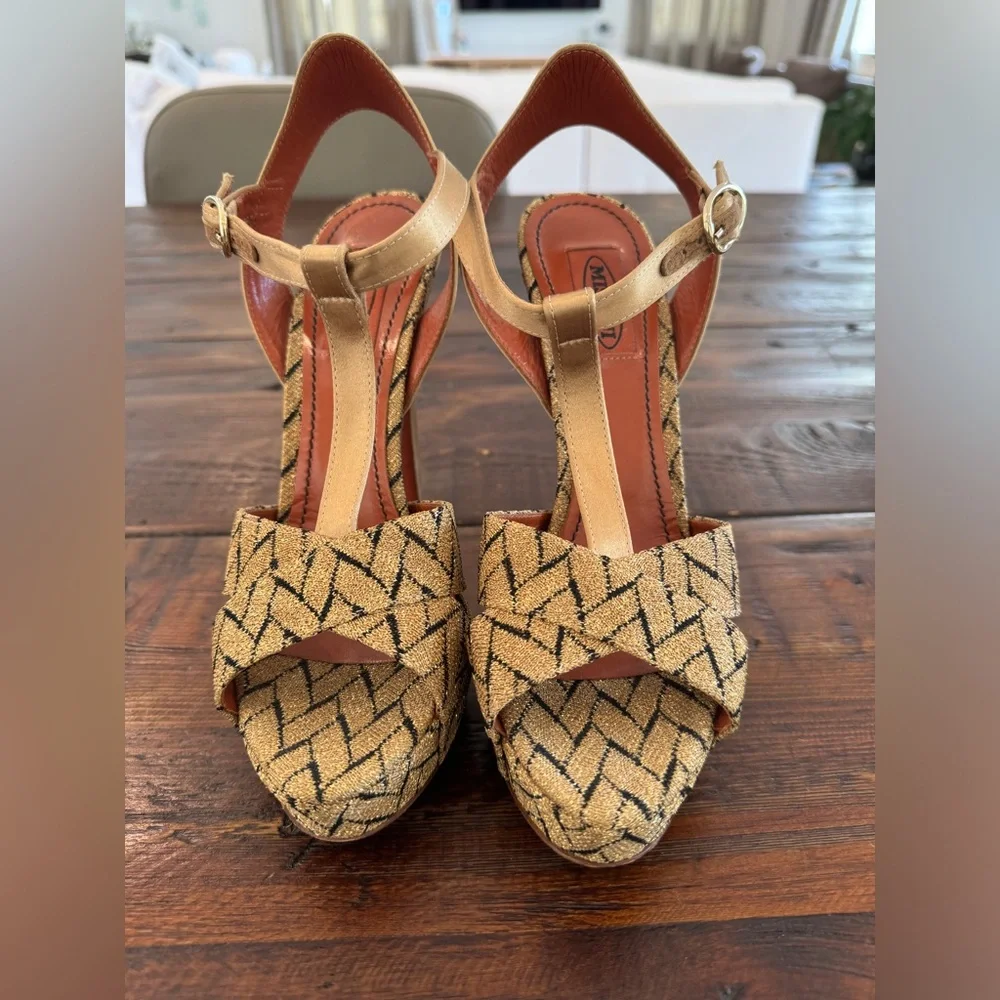 Missoni gold & black satin/knit textile T strap platform stilettos. Size 38. EUC - Picture 2 of 8